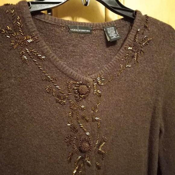 Moda International Chocolate Brown Button-Down Beaded Sweater Size XS (T-335) - Picture 5 of 8